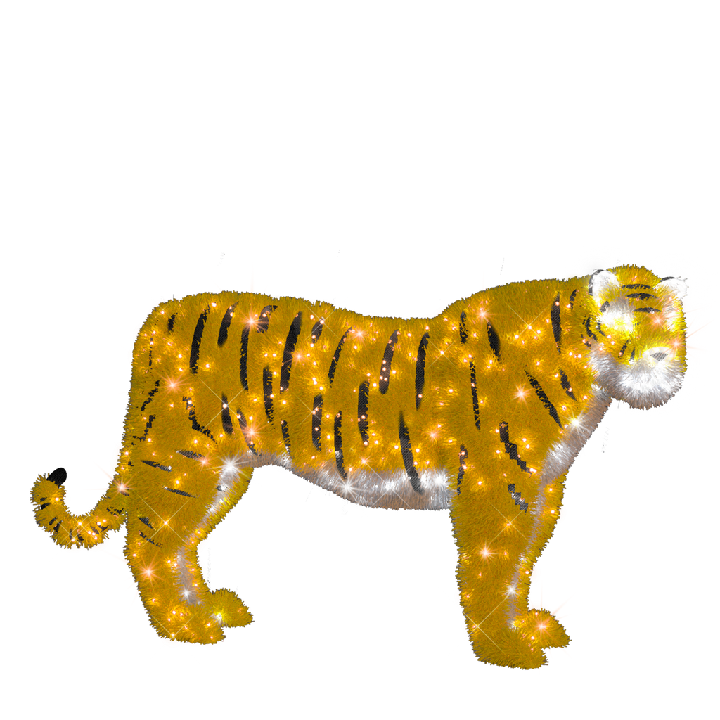 A glittery golden tiger-shaped light decoration with black stripes and white accents.