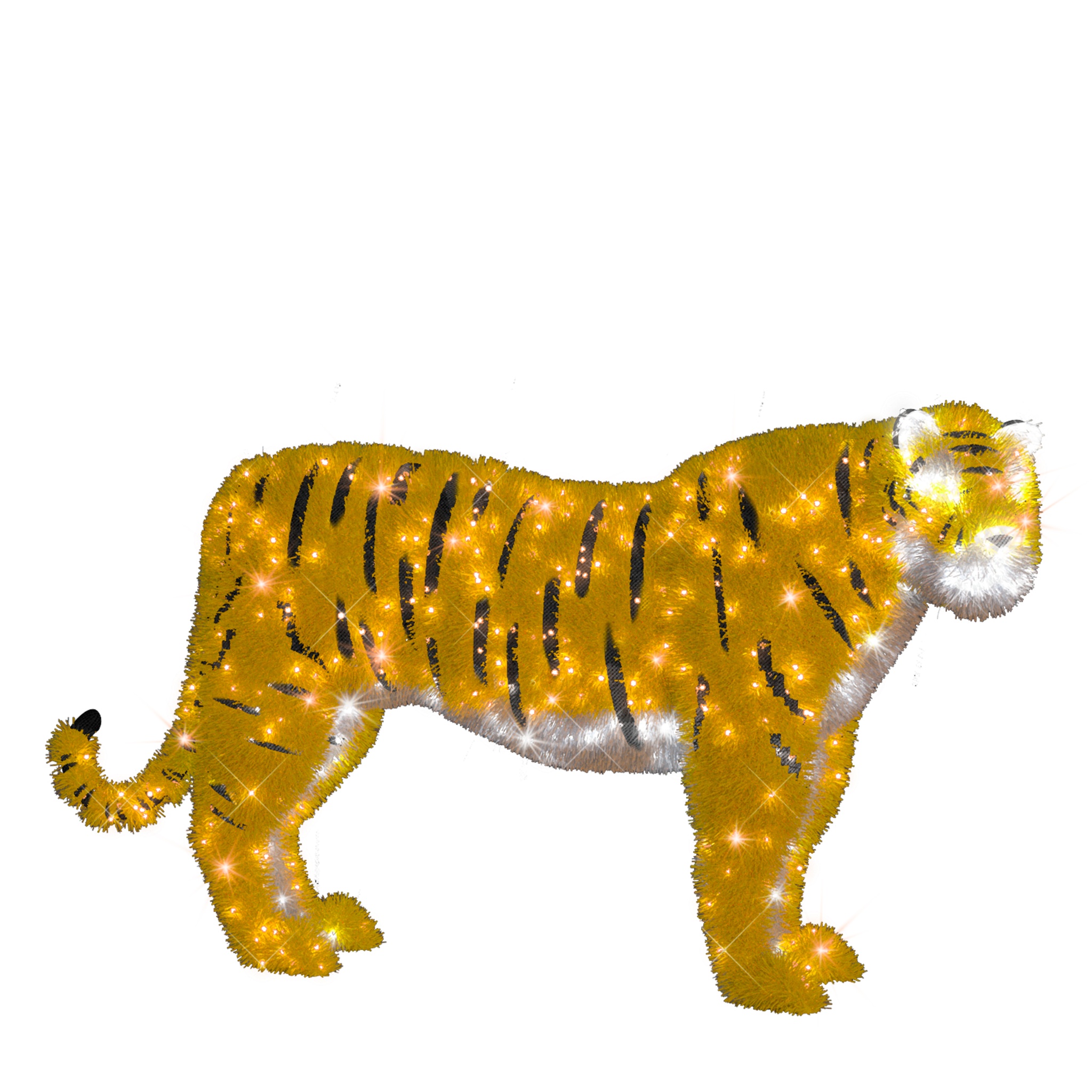 A glittery golden tiger-shaped light decoration with black stripes and white accents.