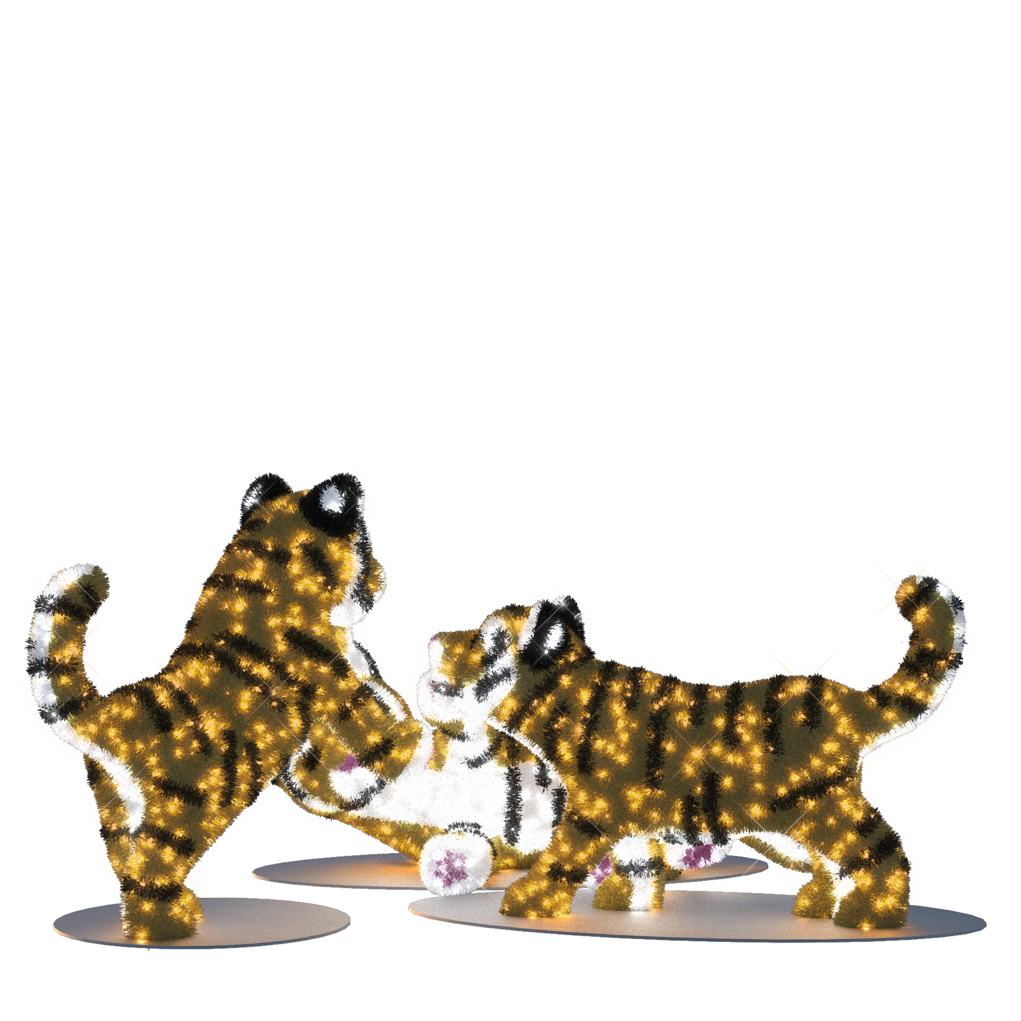 Three illuminated tiger-shaped light sculptures with warm and pure white glowing lights, perfect for zoo displays